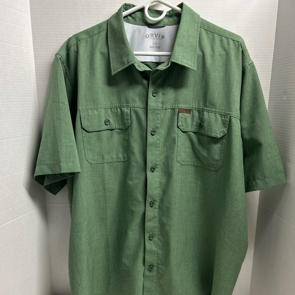 Orvis Mens Short Sleeve Button Down Polyester Pockets Outdoors XXL Olive Green - Picture 1 of 6
